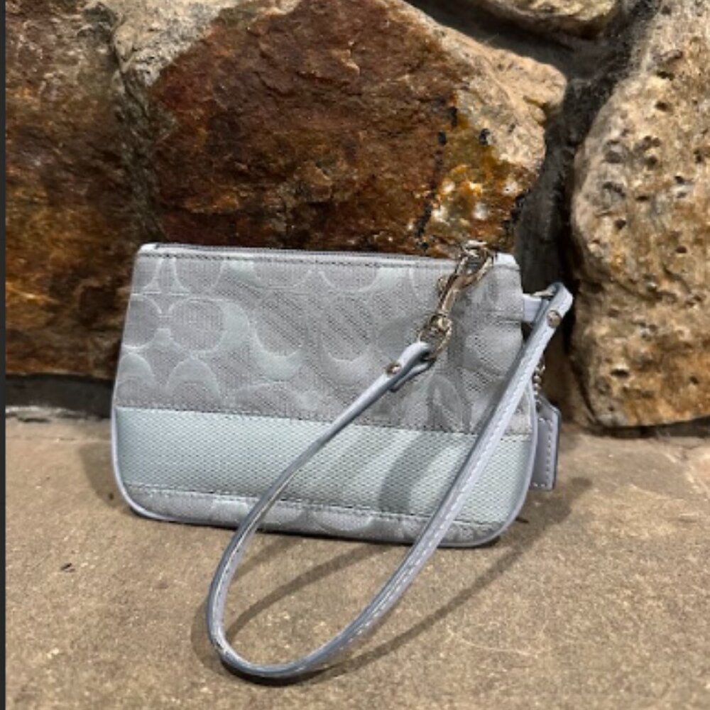 Coach Wristlet Light Blue & Silver Tone Signature Canvas